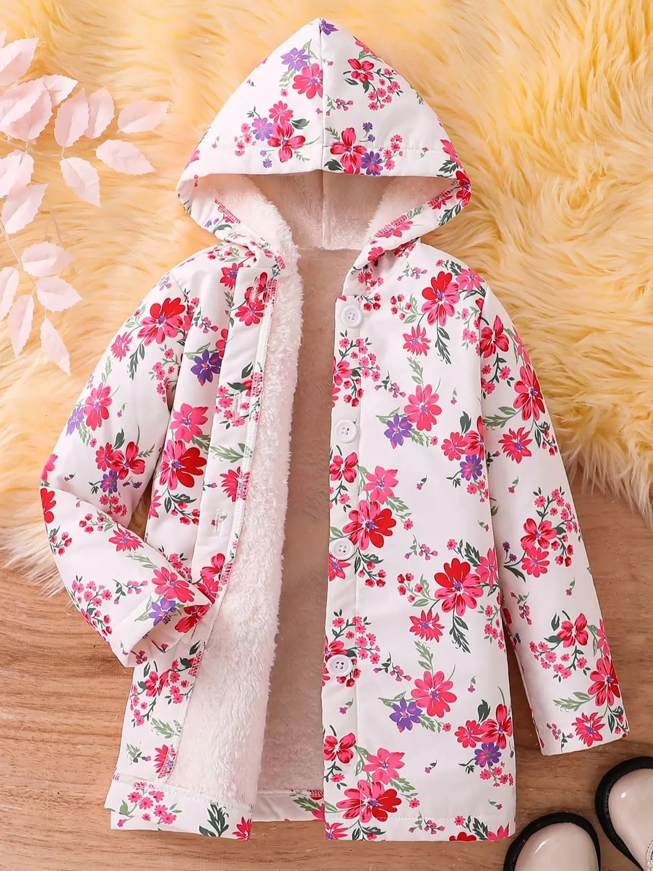 Fall/Winter Girls' Fleece Hooded Single - Breasted Floral Print Coat Holiday School Thermal Jacket Top - PratSN