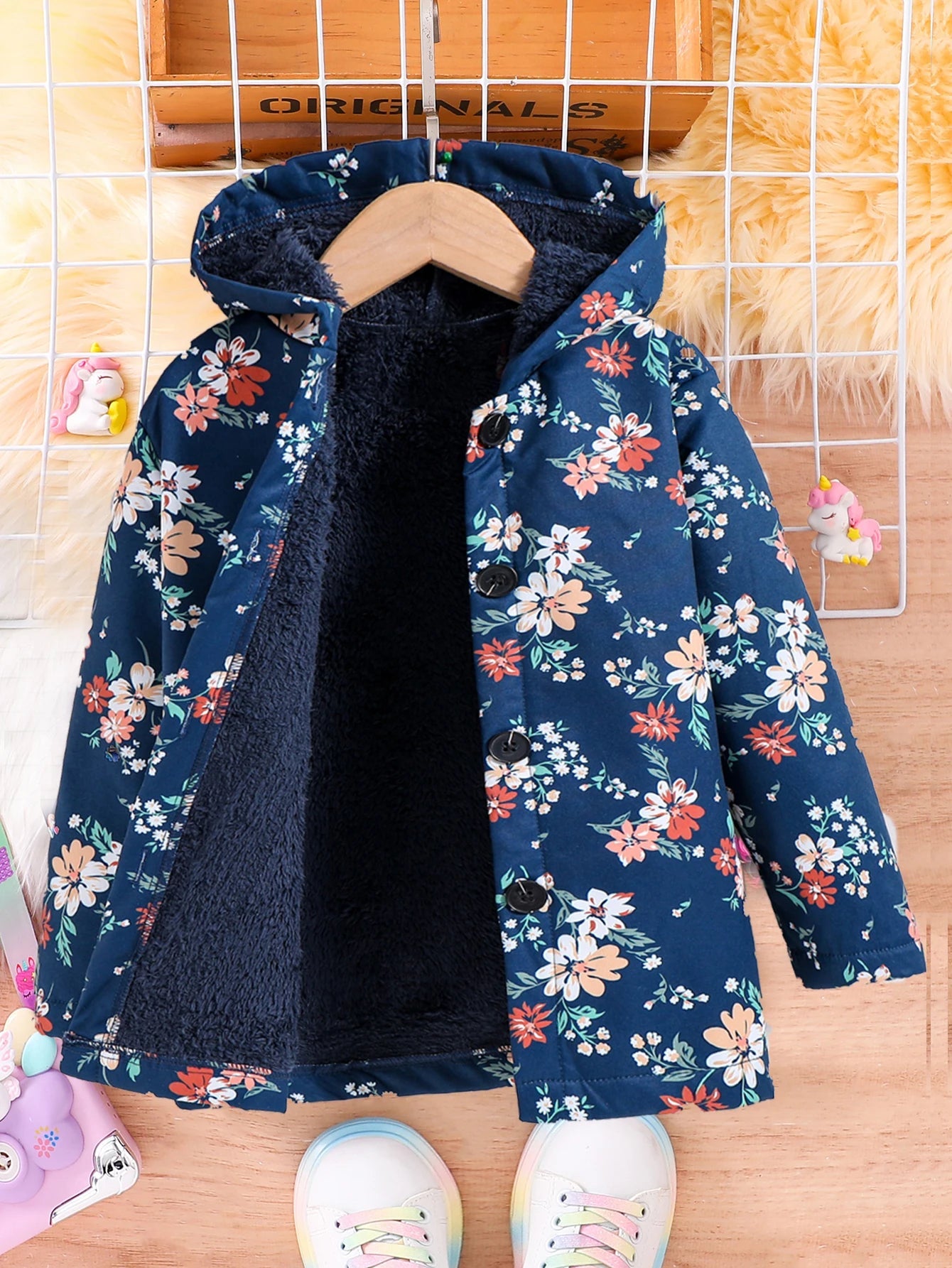 Fall/Winter Girls' Fleece Hooded Single - Breasted Floral Print Coat Holiday School Thermal Jacket Top - PratSN