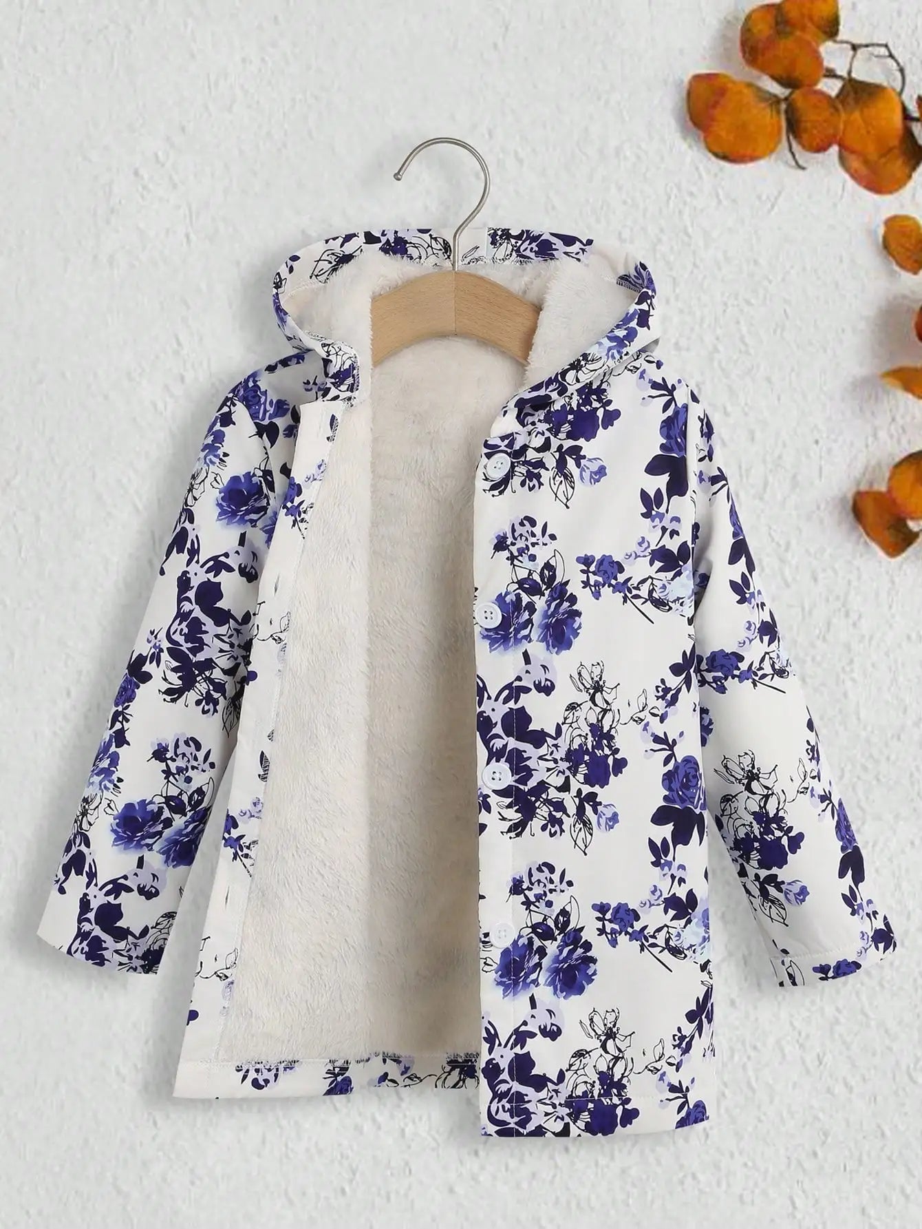 Fall/Winter Girls' Fleece Hooded Single - Breasted Floral Print Coat Holiday School Thermal Jacket Top - PratSN