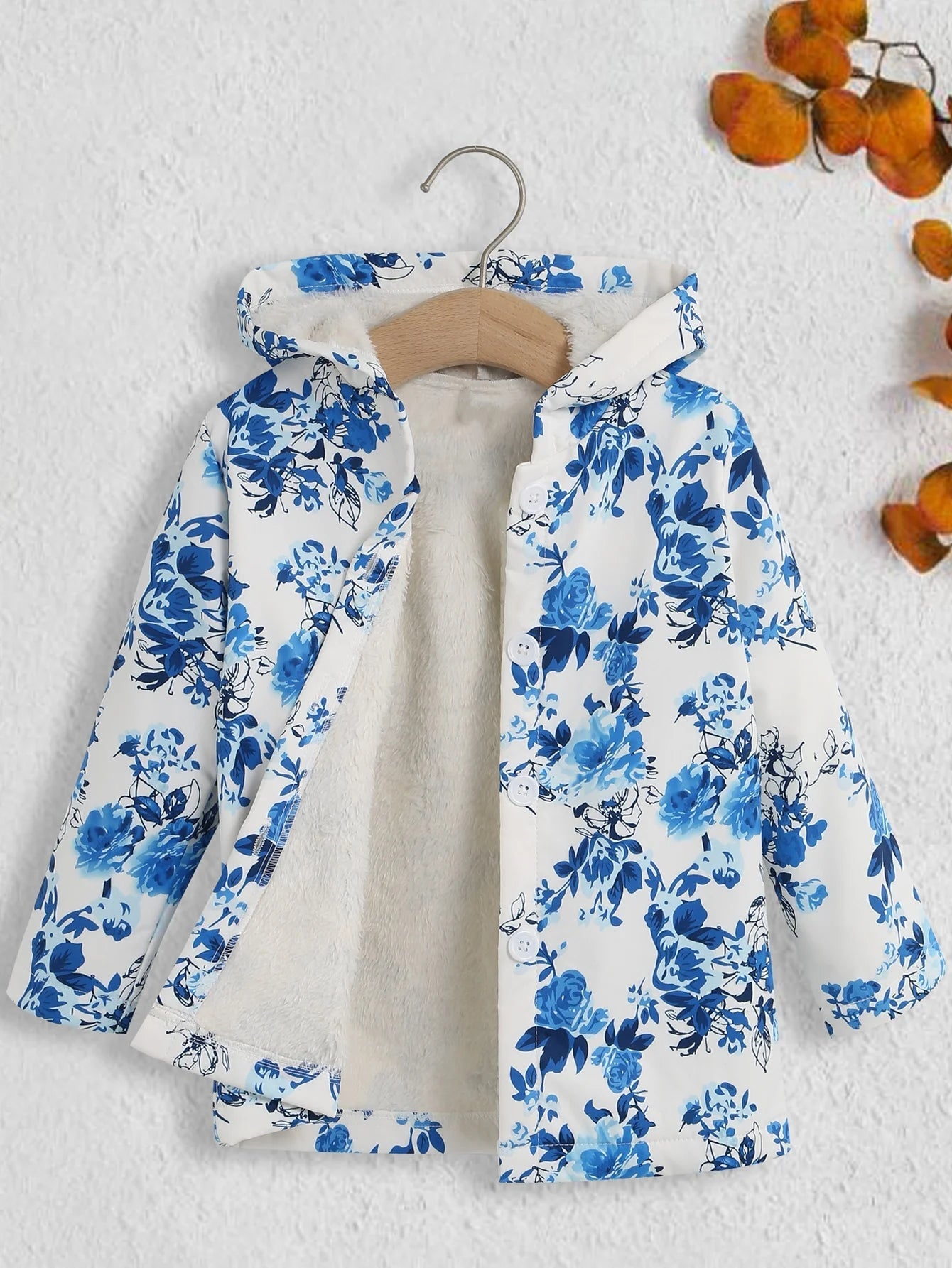 Fall/Winter Girls' Fleece Hooded Single - Breasted Floral Print Coat Holiday School Thermal Jacket Top - PratSN