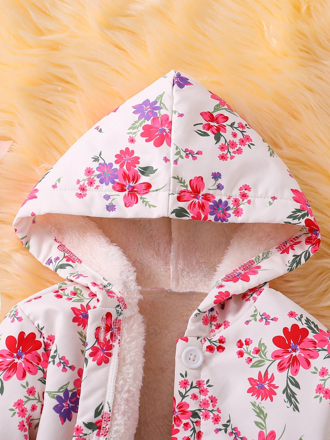 Fall/Winter Girls' Fleece Hooded Single - Breasted Floral Print Coat Holiday School Thermal Jacket Top - PratSN