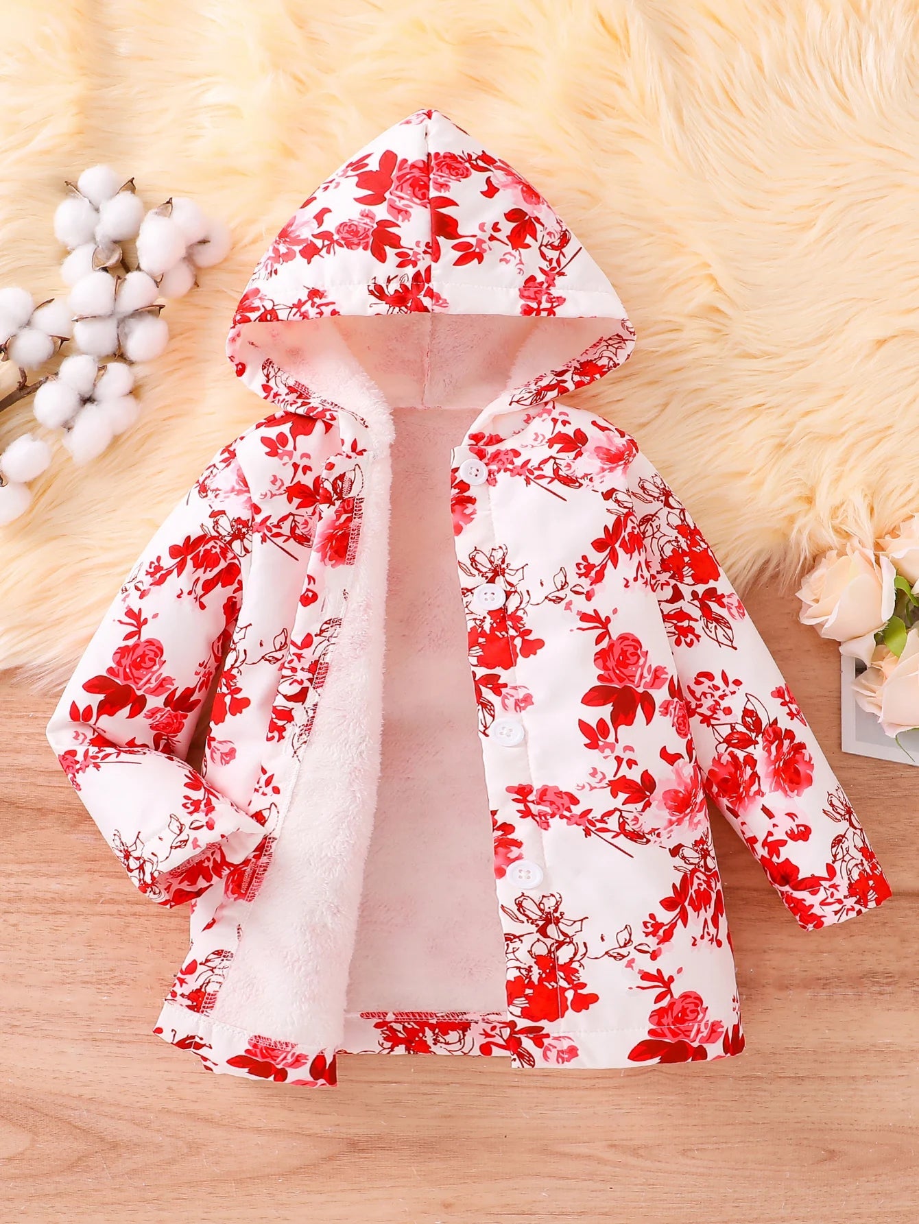 Fall/Winter Girls' Fleece Hooded Single - Breasted Floral Print Coat Holiday School Thermal Jacket Top - PratSN