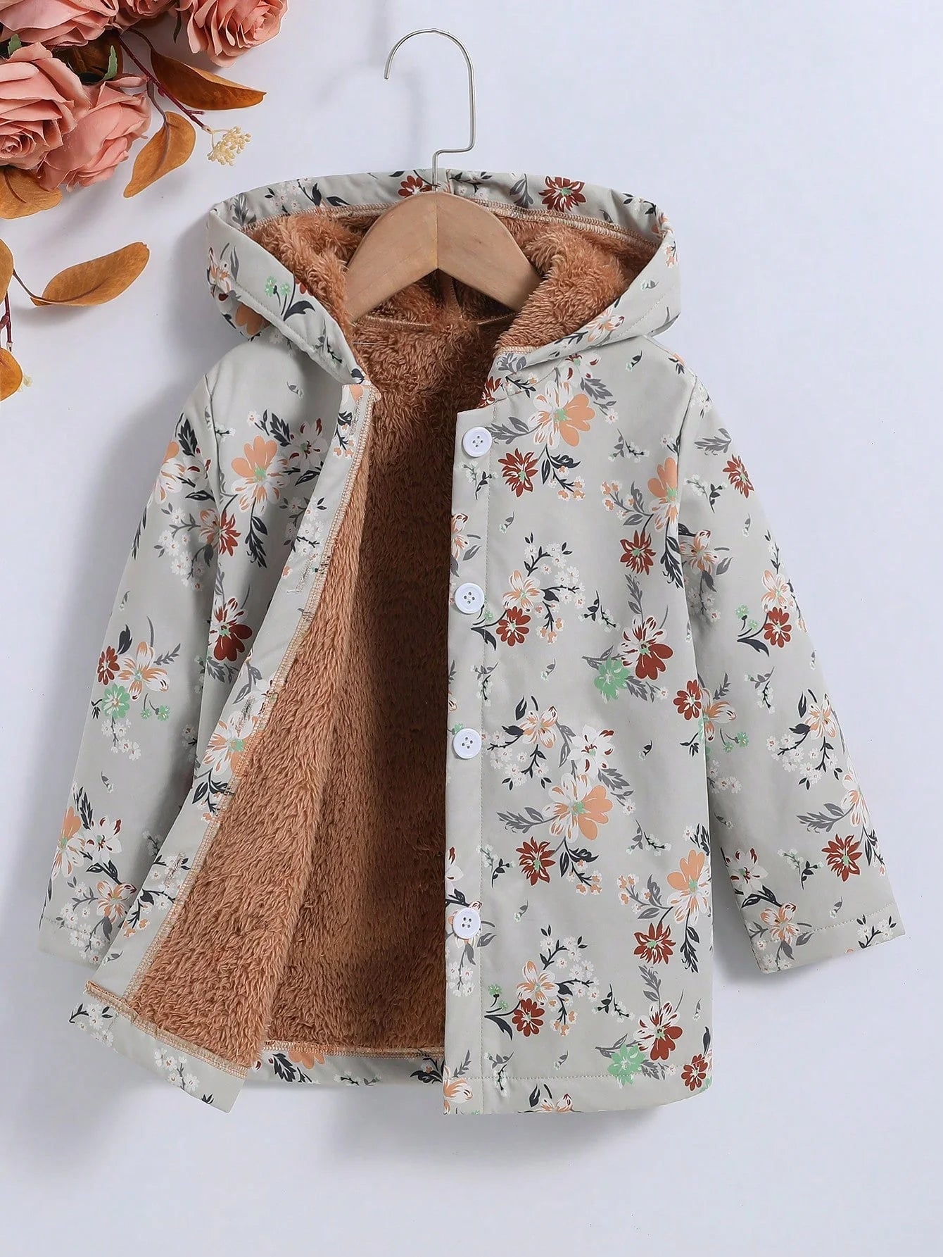 Fall/Winter Girls' Fleece Hooded Single - Breasted Floral Print Coat Holiday School Thermal Jacket Top - PratSN