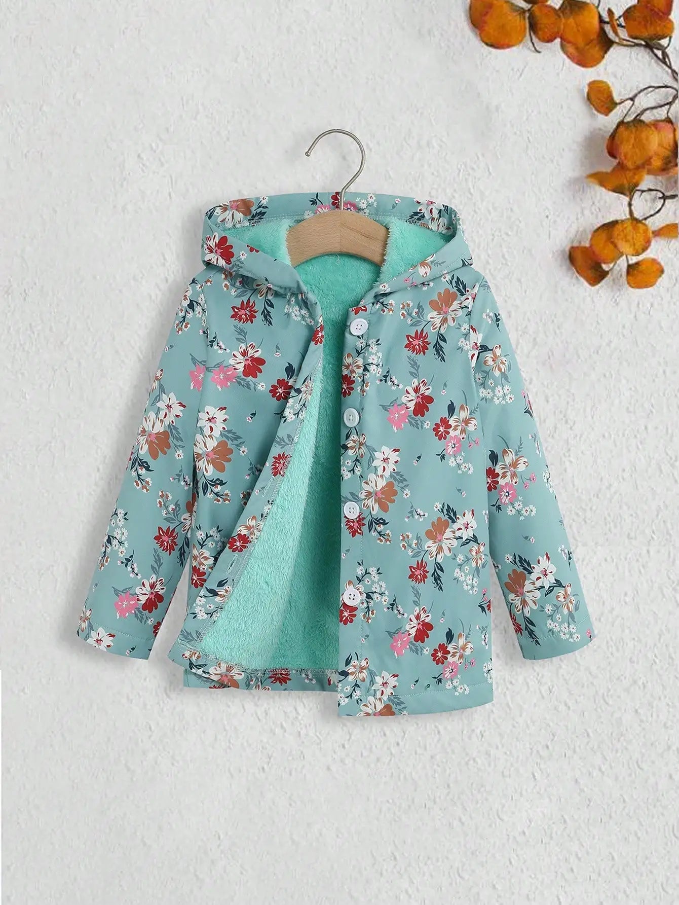 Fall/Winter Girls' Fleece Hooded Single - Breasted Floral Print Coat Holiday School Thermal Jacket Top - PratSN