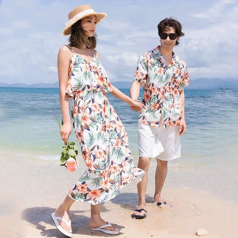 Family Look Vacation Beach Clothing Mom Daughter Sleeveless Dress Dad Son Matching Floral Shirt Set Parent Child Holiday Clothes - PratSN