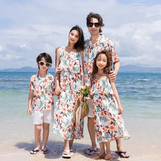 Family Look Vacation Beach Clothing Mom Daughter Sleeveless Dress Dad Son Matching Floral Shirt Set Parent Child Holiday Clothes - PratSN