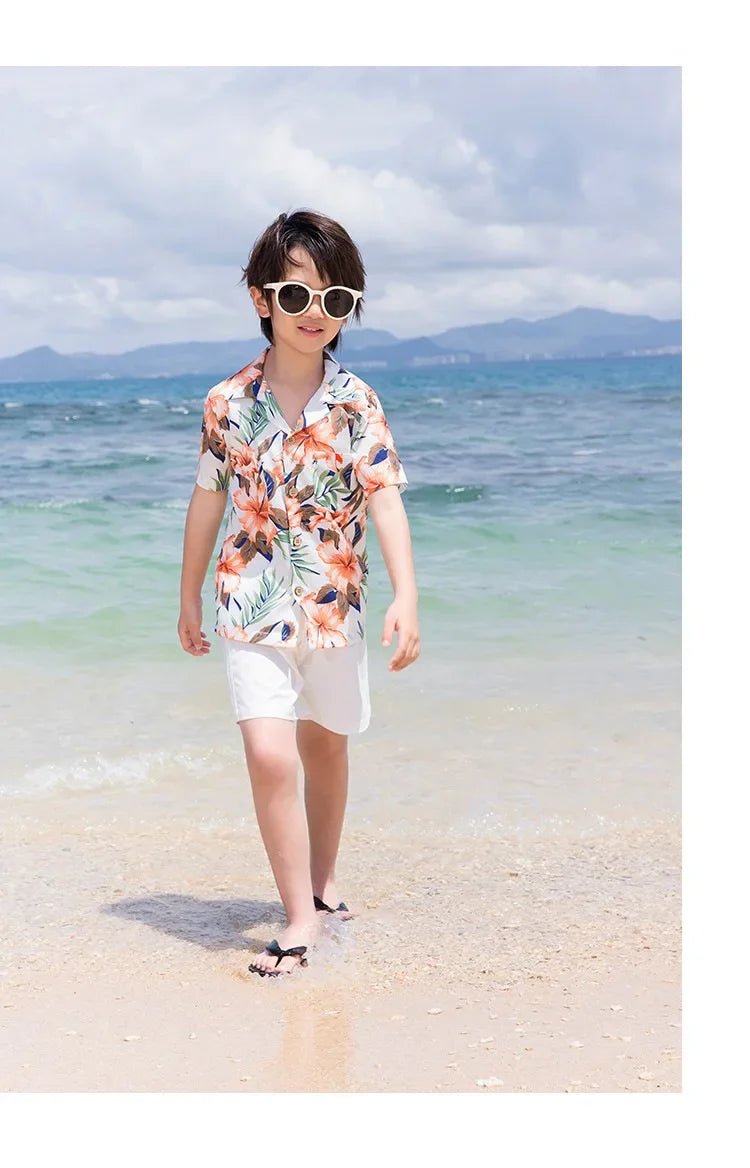 Family Look Vacation Beach Clothing Mom Daughter Sleeveless Dress Dad Son Matching Floral Shirt Set Parent Child Holiday Clothes - PratSN