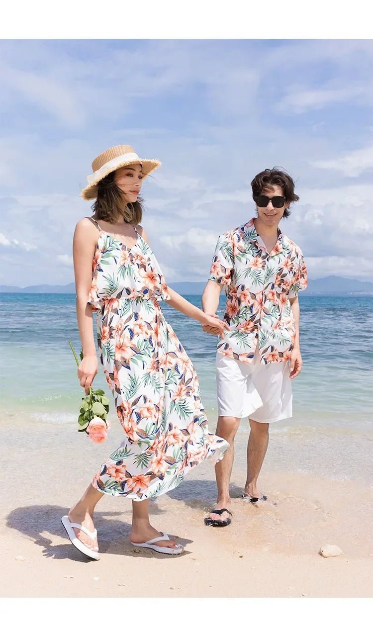 Family Look Vacation Beach Clothing Mom Daughter Sleeveless Dress Dad Son Matching Floral Shirt Set Parent Child Holiday Clothes - PratSN
