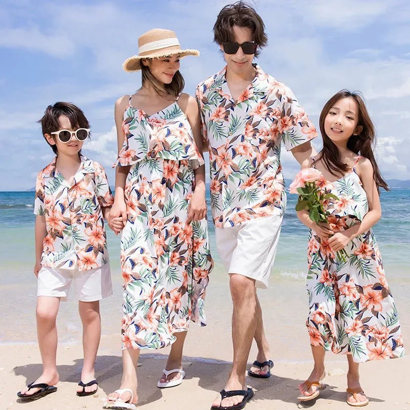 Family Look Vacation Beach Clothing Mom Daughter Sleeveless Dress Dad Son Matching Floral Shirt Set Parent Child Holiday Clothes - PratSN