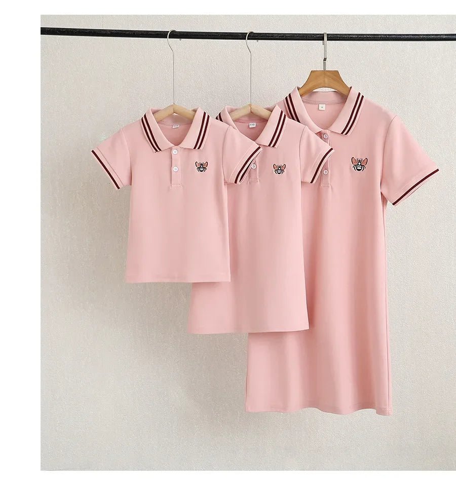 Family Matching Clothes Summer Mother Kids Dresses Cotton Couple Family Look Father Son Polo T-Shirts Tops Mom Daughter Dress - PratSN