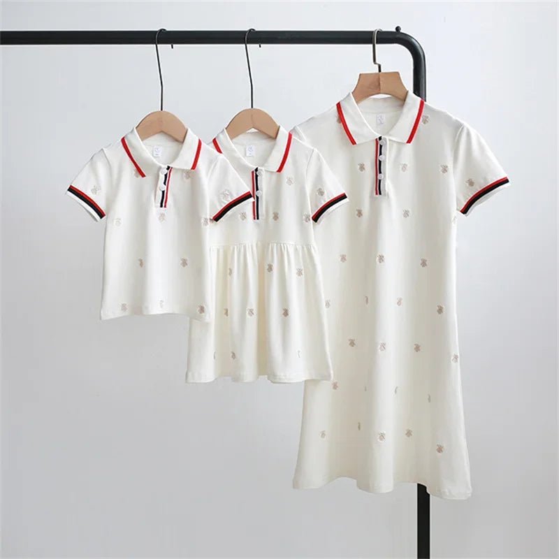 Family Matching Clothes Summer Mother Kids Dresses Cotton Couple Family Look Father Son Polo T-Shirts Tops Mom Daughter Dress - PratSN