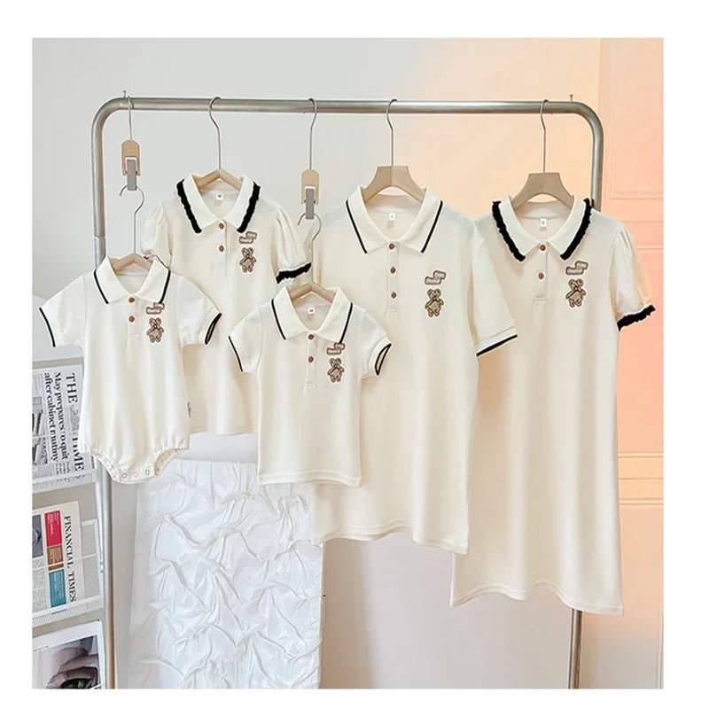 Family Matching Clothes Summer Mother Kids Dresses Cotton Couple Family Look Father Son Polo T-Shirts Tops Mom Daughter Dress - PratSN
