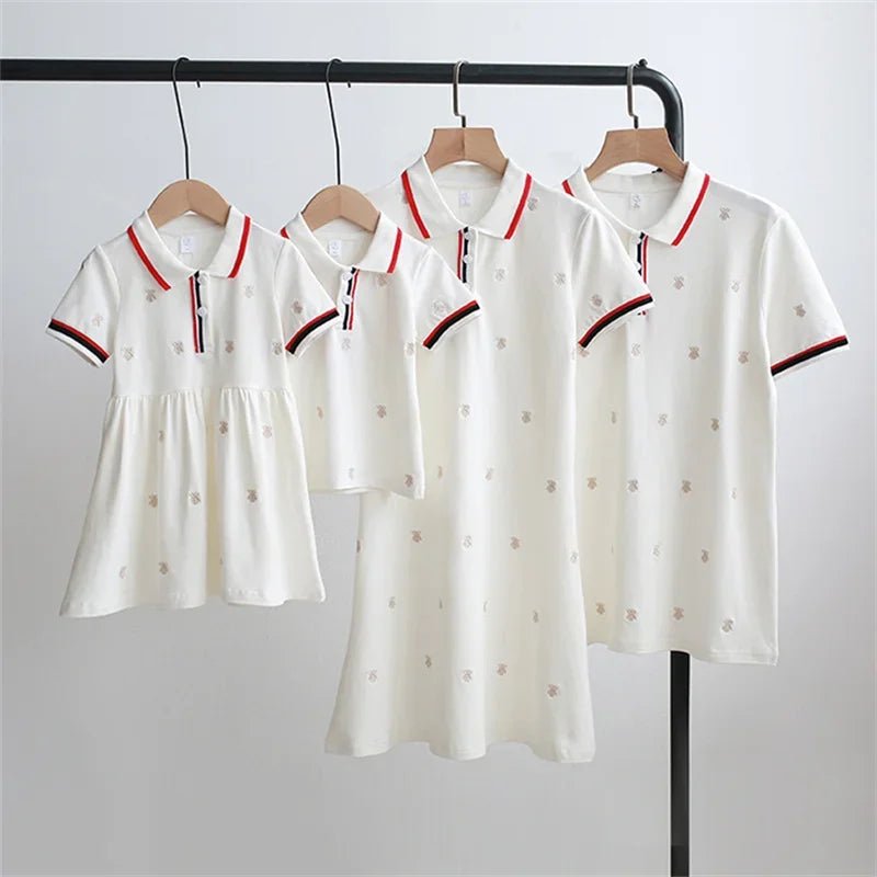 Family Matching Clothes Summer Mother Kids Dresses Cotton Couple Family Look Father Son Polo T-Shirts Tops Mom Daughter Dress - PratSN