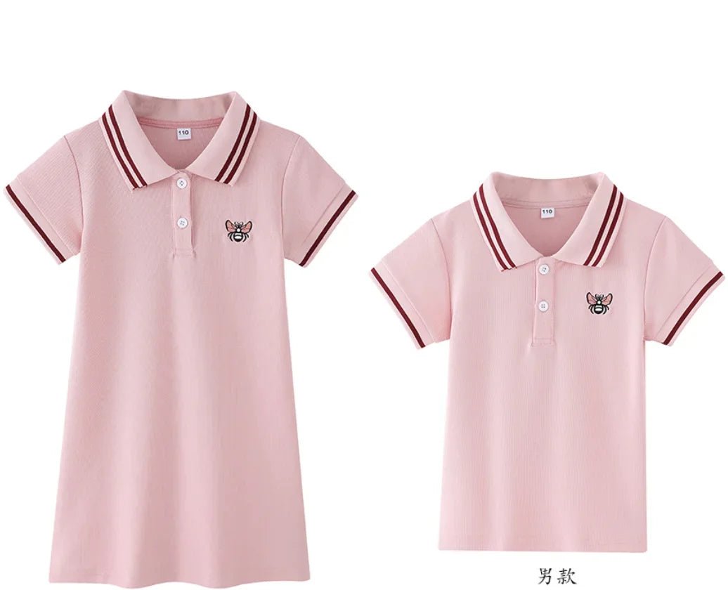 Family Matching Clothes Summer Mother Kids Dresses Cotton Couple Family Look Father Son Polo T-Shirts Tops Mom Daughter Dress - PratSN