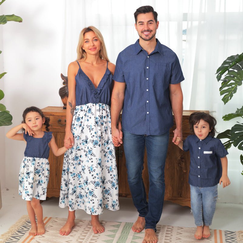 Family Matching Family Denim Sling Skirt Baby Girl Mom Dad Boy Boy Shirt Parent - Child - PratSN