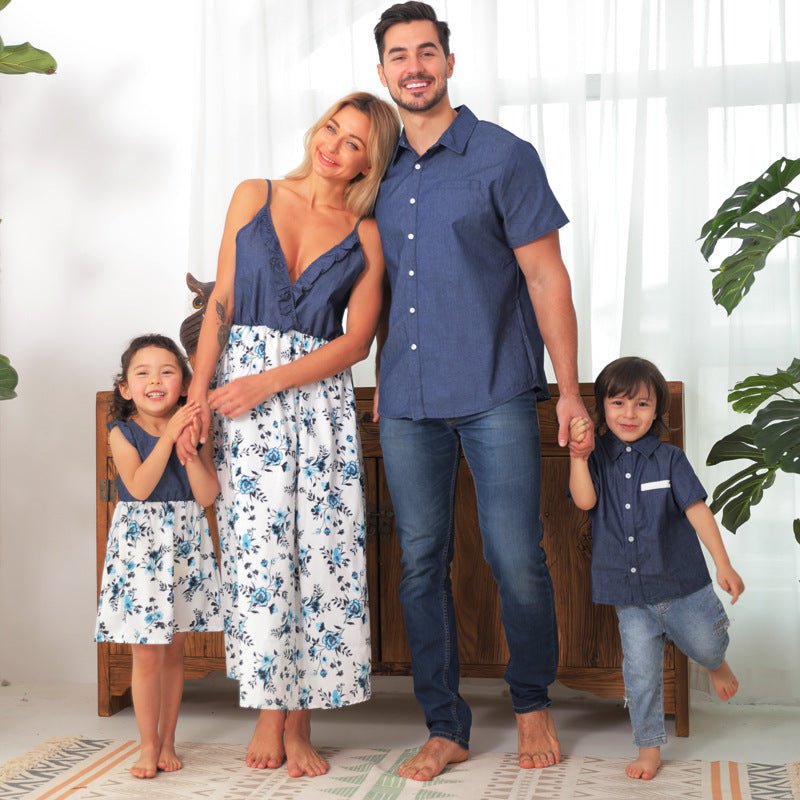 Family Matching Family Denim Sling Skirt Baby Girl Mom Dad Boy Boy Shirt Parent - Child - PratSN