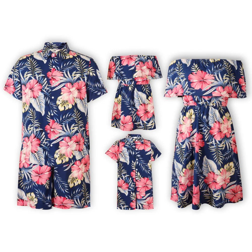 Family Matching Outfits Vacation Holiday Hawaii Mom And Daughter Floral Beach Dresses Dad And Son Shirts Shorts Outfits - PratSN