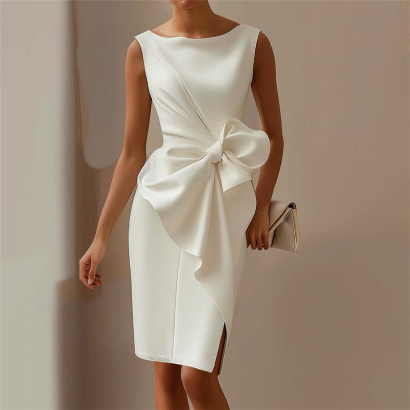 Fashion Bowknot Dress Solid Color Elegant Slim Sleeveless Dresses Women's Casual Office Party Clothing - PratSN