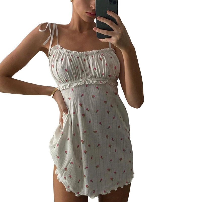 Fashion Casual Floral Dress With Sling and Neckline With Wooden Ears - PratSN