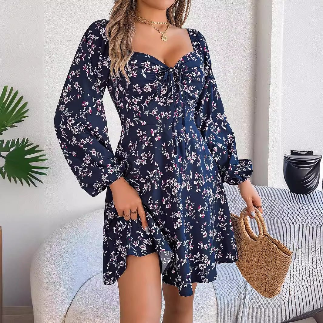 Fashion Floral Print Lantern Sleeve Dress Casual Sexy Tie Square Neck Long Sleeve A - Line Dress Women's Clothing - PratSN