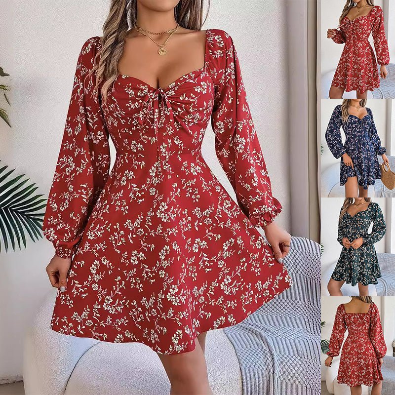 Fashion Floral Print Lantern Sleeve Dress Casual Sexy Tie Square Neck Long Sleeve A - Line Dress Women's Clothing - PratSN
