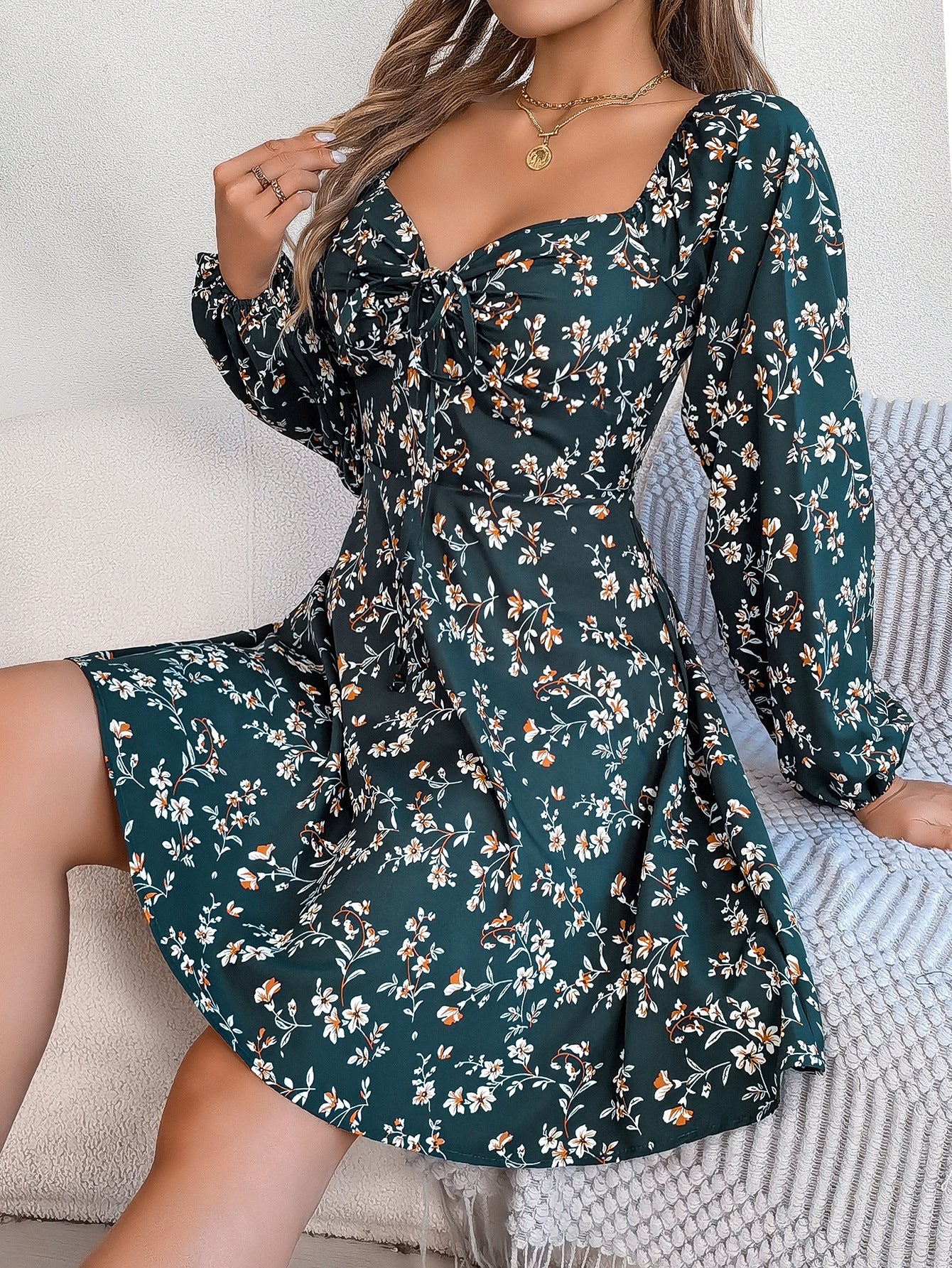 Fashion Floral Print Lantern Sleeve Dress Casual Sexy Tie Square Neck Long Sleeve A - Line Dress Women's Clothing - PratSN