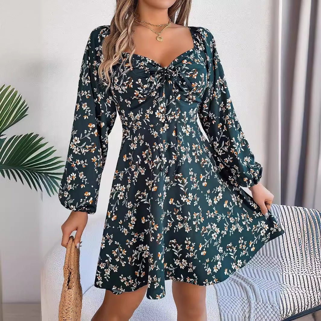 Fashion Floral Print Lantern Sleeve Dress Casual Sexy Tie Square Neck Long Sleeve A - Line Dress Women's Clothing - PratSN