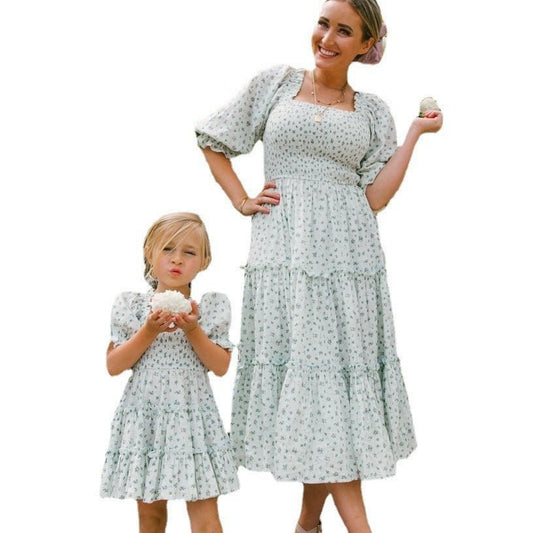Fashion Floral Square Collar Lantern Sleeve Mother - daughter Parent - child Dress - PratSN