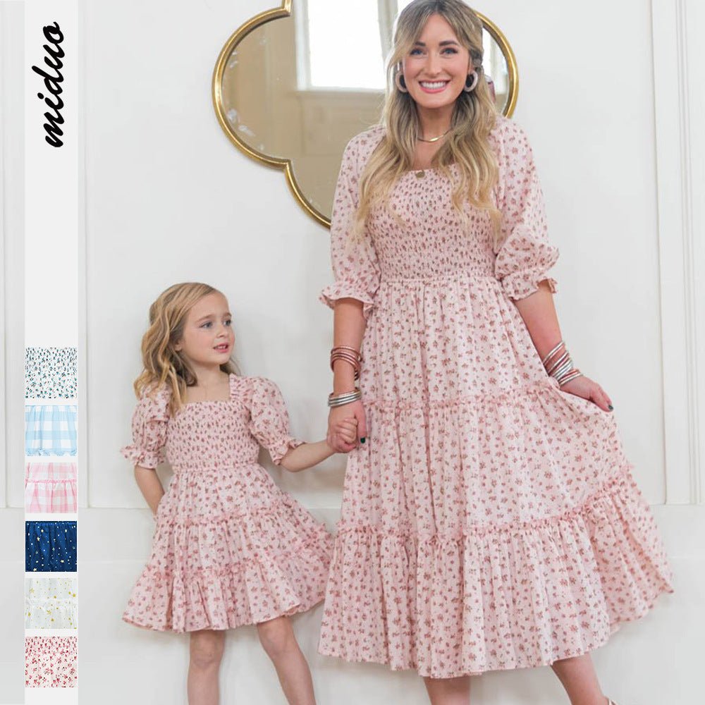 Fashion Floral Square Collar Lantern Sleeve Mother - daughter Parent - child Dress - PratSN