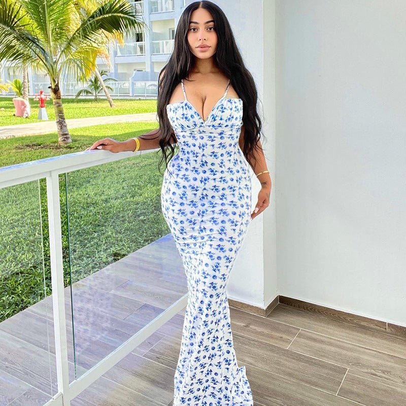 Fashion Flowers Print Suspender Long Dress Summer Lace - up Slim Backless Dresses For Women - PratSN