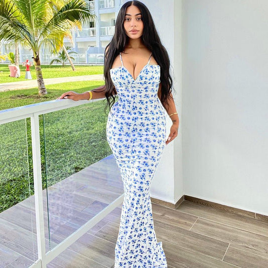 Fashion Flowers Print Suspender Long Dress Summer Lace - up Slim Backless Dresses For Women - PratSN