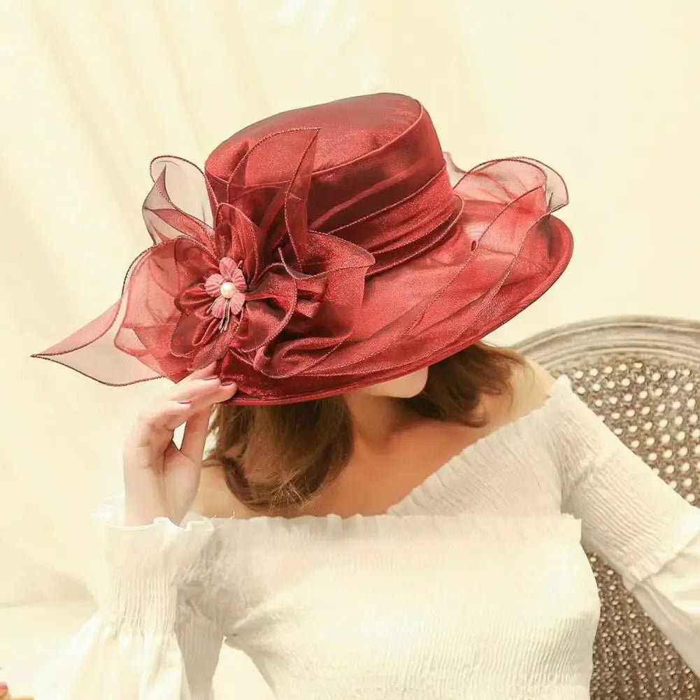 Fashion Hat Women Top Hat Elegant Organza Flower Wide Brim Sun Hat for Women Retro Style Party Banquet Accessory Foldable Beach - PratSN