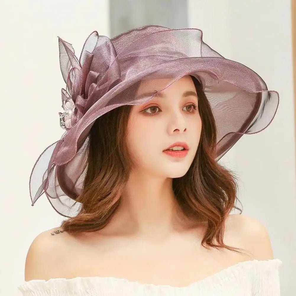 Fashion Hat Women Top Hat Elegant Organza Flower Wide Brim Sun Hat for Women Retro Style Party Banquet Accessory Foldable Beach - PratSN