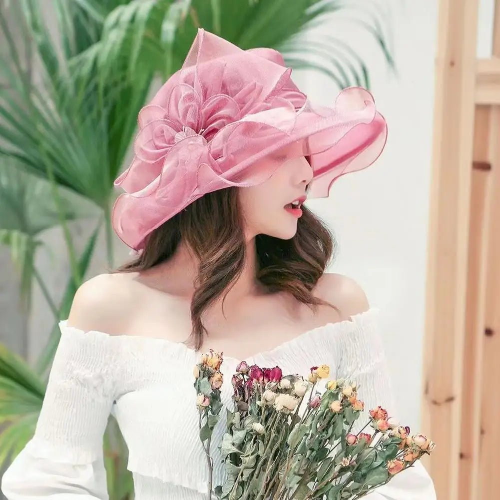 Fashion Hat Women Top Hat Elegant Organza Flower Wide Brim Sun Hat for Women Retro Style Party Banquet Accessory Foldable Beach - PratSN