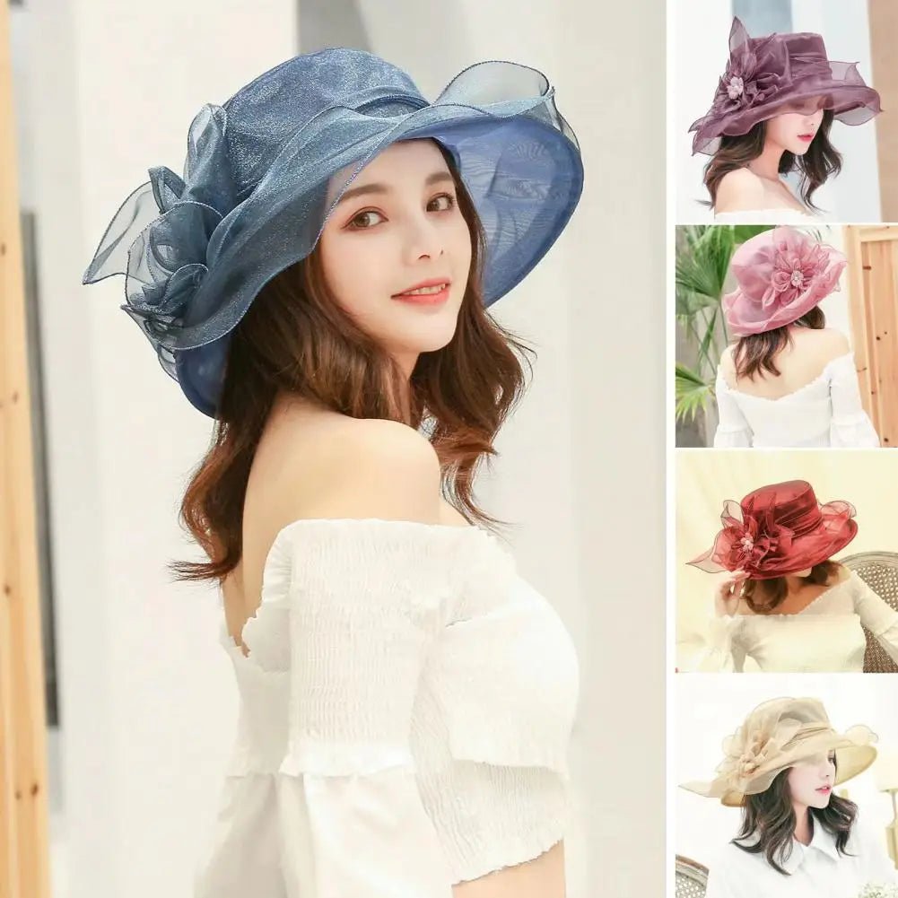 Fashion Hat Women Top Hat Elegant Organza Flower Wide Brim Sun Hat for Women Retro Style Party Banquet Accessory Foldable Beach - PratSN