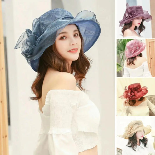 Fashion Hat Women Top Hat Elegant Organza Flower Wide Brim Sun Hat for Women Retro Style Party Banquet Accessory Foldable Beach - PratSN