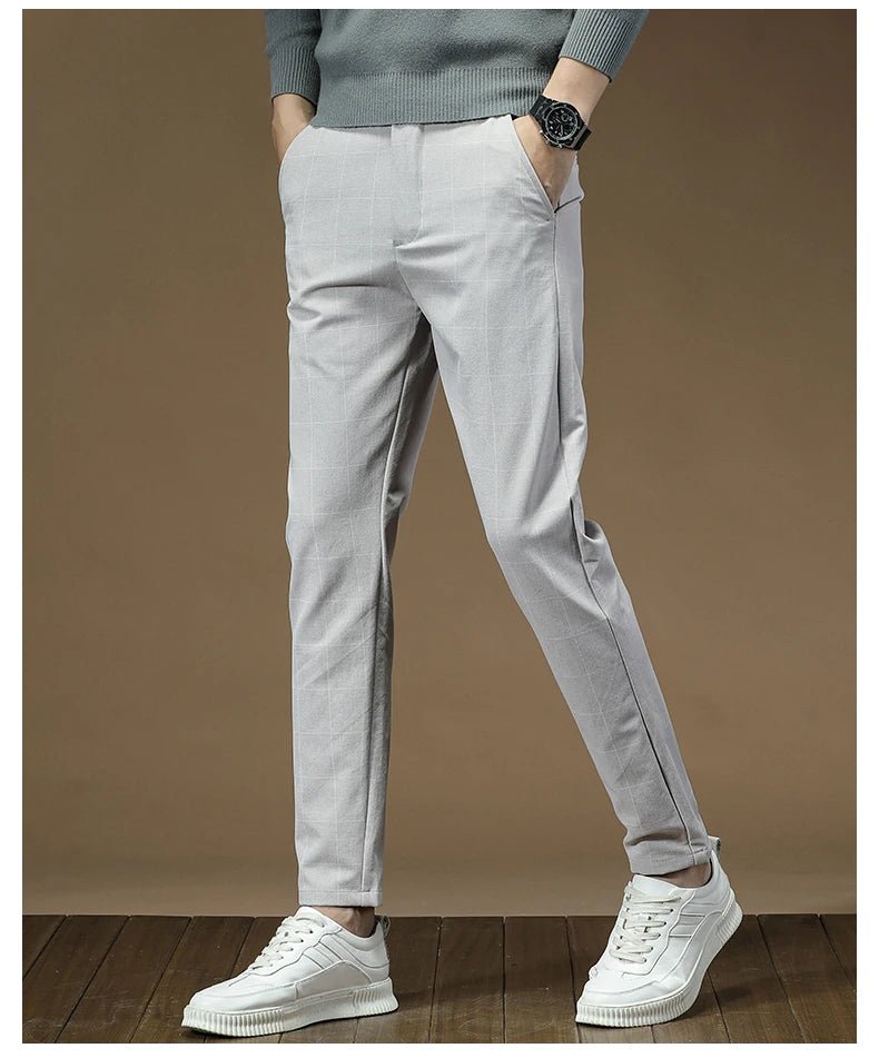Fashion High Quality OUSSYU Men Pants Straight Long Classic Business Brand Thin England Stripe Casual Full Trousers Male 36 38 - PratSN