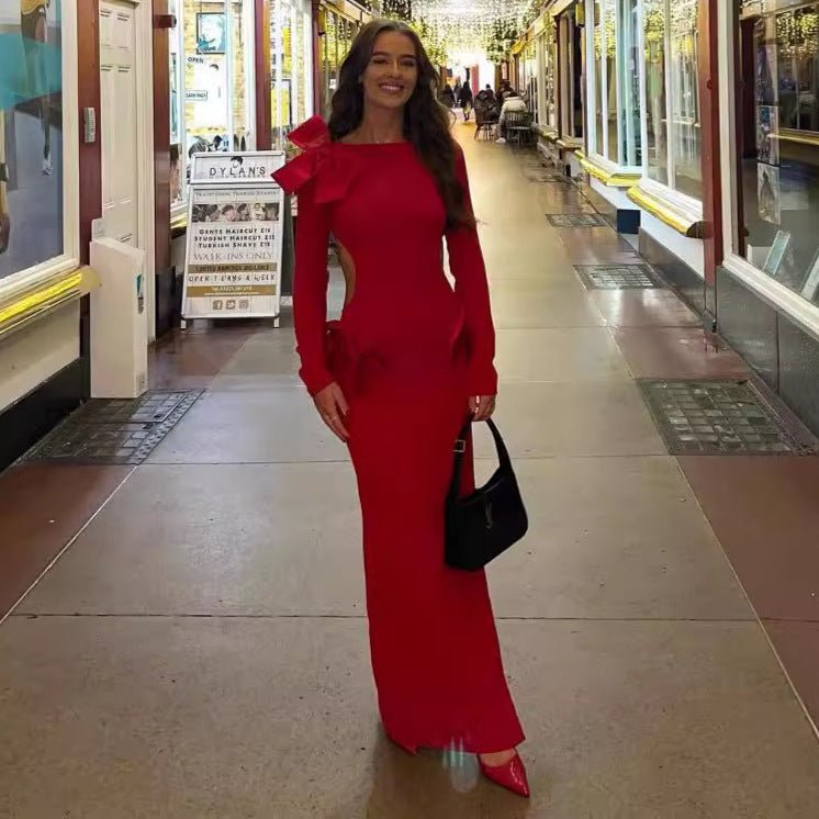 Fashion Long Sleeve Backless Bow Dress - PratSN