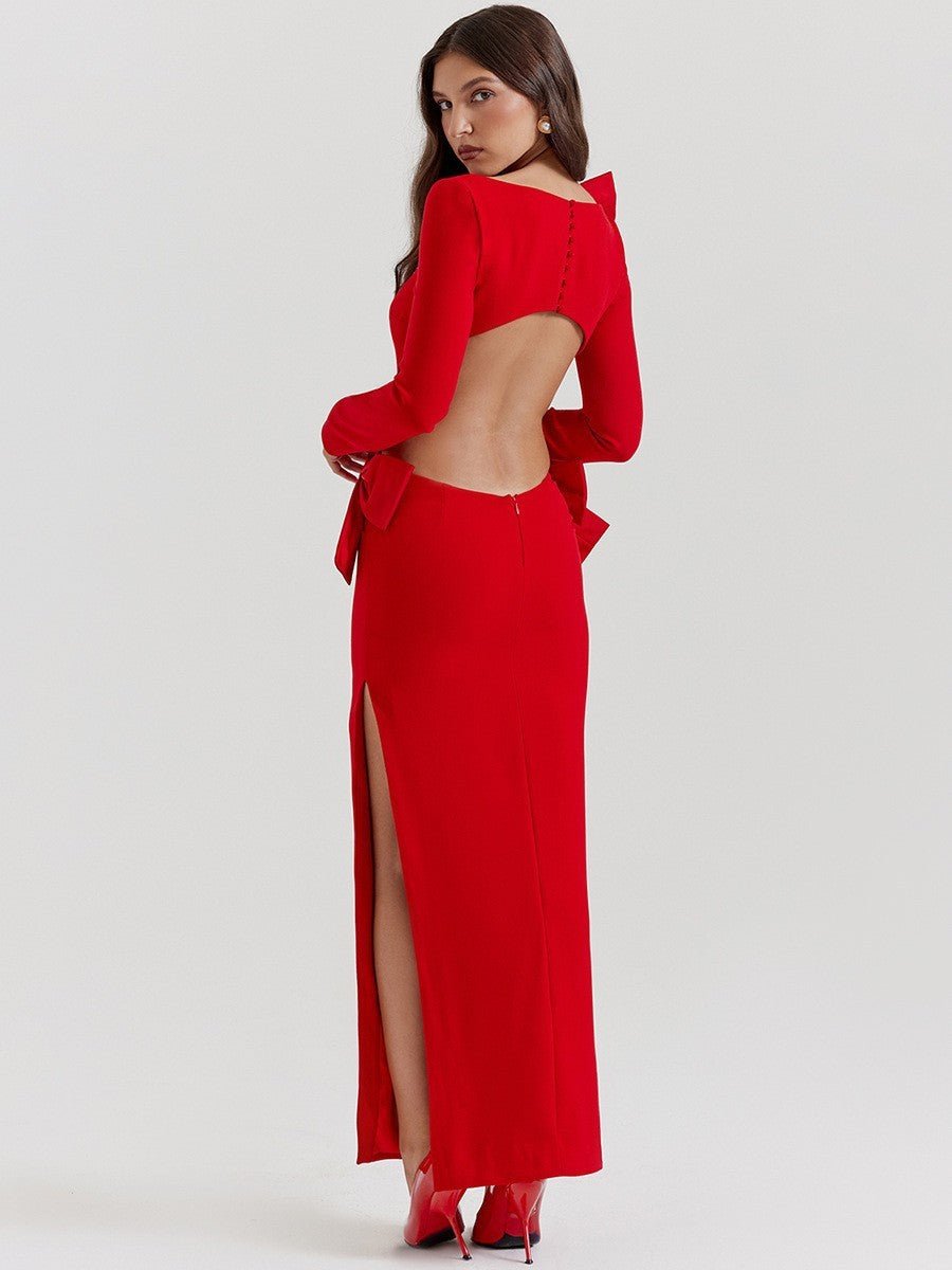Fashion Long Sleeve Backless Bow Dress - PratSN