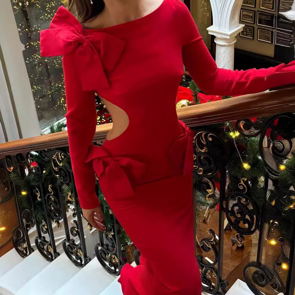 Fashion Long Sleeve Backless Bow Dress - PratSN