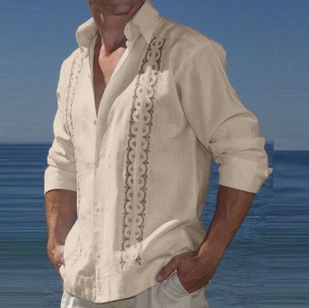 Fashion Print Long Sleeve Shirt Men Casual Loose Button Lapel Tops Seaside Cool Beach Shirt - PratSN