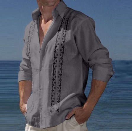 Fashion Print Long Sleeve Shirt Men Casual Loose Button Lapel Tops Seaside Cool Beach Shirt - PratSN