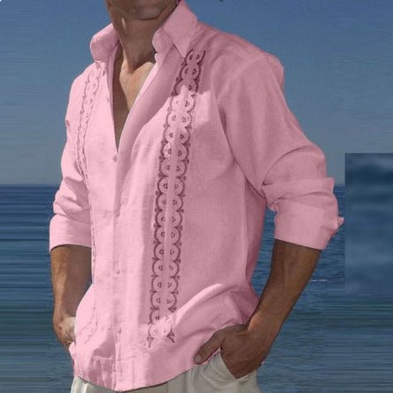 Fashion Print Long Sleeve Shirt Men Casual Loose Button Lapel Tops Seaside Cool Beach Shirt - PratSN