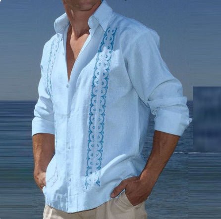 Fashion Print Long Sleeve Shirt Men Casual Loose Button Lapel Tops Seaside Cool Beach Shirt - PratSN
