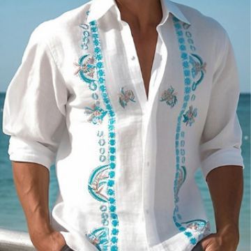 Fashion Print Long Sleeve Shirt Men Casual Loose Button Lapel Tops Seaside Cool Beach Shirt - PratSN