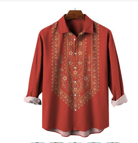 Fashion Print Long Sleeve Shirt Men Casual Loose Button Lapel Tops Seaside Cool Beach Shirt - PratSN
