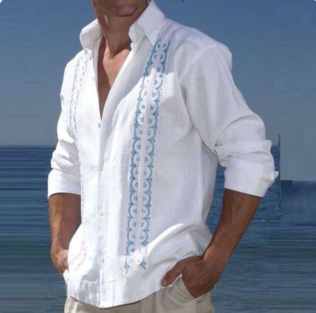 Fashion Print Long Sleeve Shirt Men Casual Loose Button Lapel Tops Seaside Cool Beach Shirt - PratSN