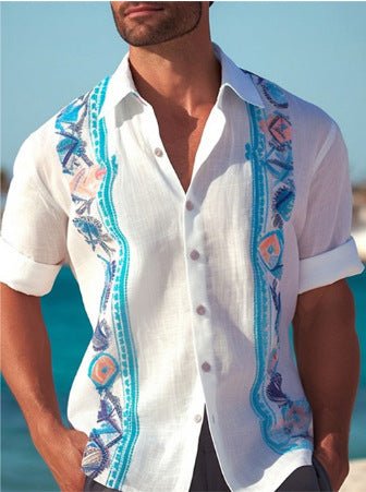 Fashion Print Long Sleeve Shirt Men Casual Loose Button Lapel Tops Seaside Cool Beach Shirt - PratSN