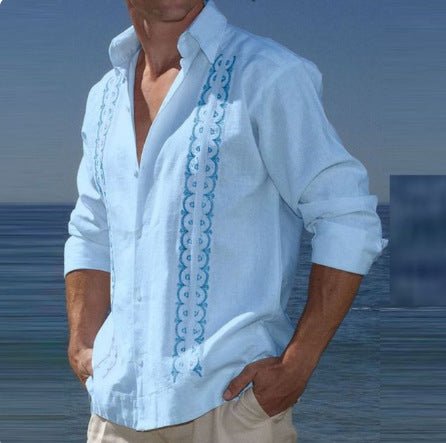 Fashion Print Long Sleeve Shirt Men Casual Loose Button Lapel Tops Seaside Cool Beach Shirt - PratSN
