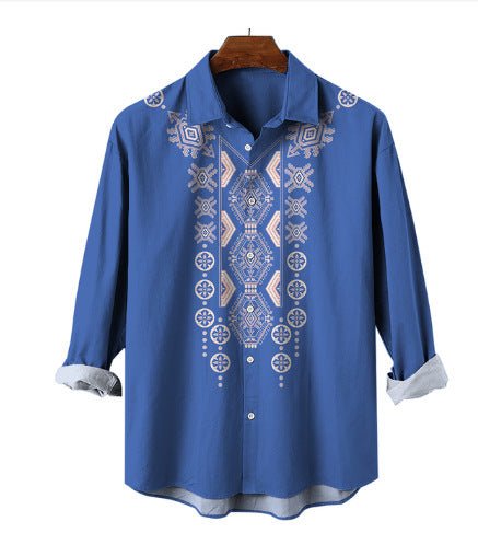 Fashion Print Long Sleeve Shirt Men Casual Loose Button Lapel Tops Seaside Cool Beach Shirt - PratSN